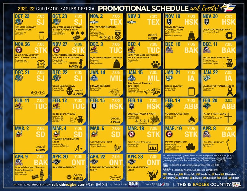 Colorado Eagles Schedule 2022 Promotions Schedule | Colorado Eagles