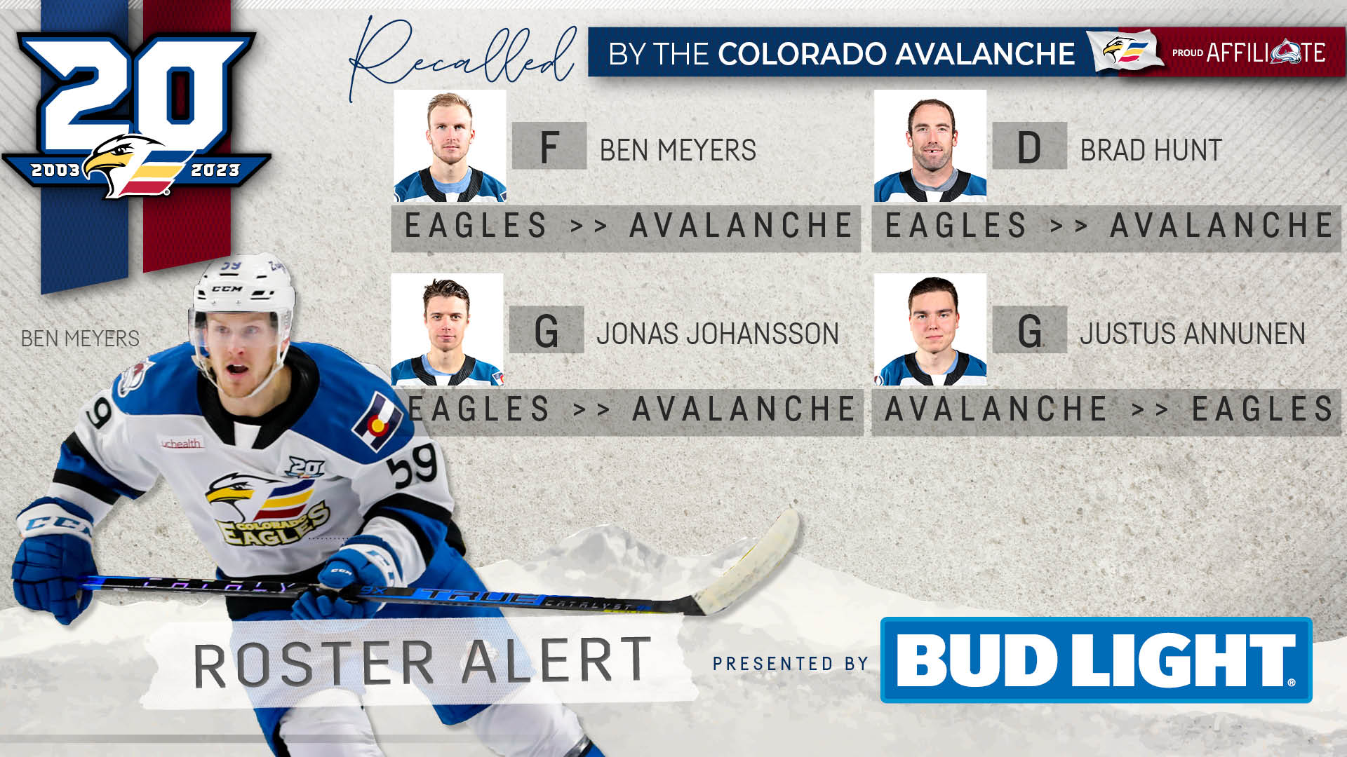 Colorado Avalanche Recall Hunt, Meyers, Johansson Colorado Eagles