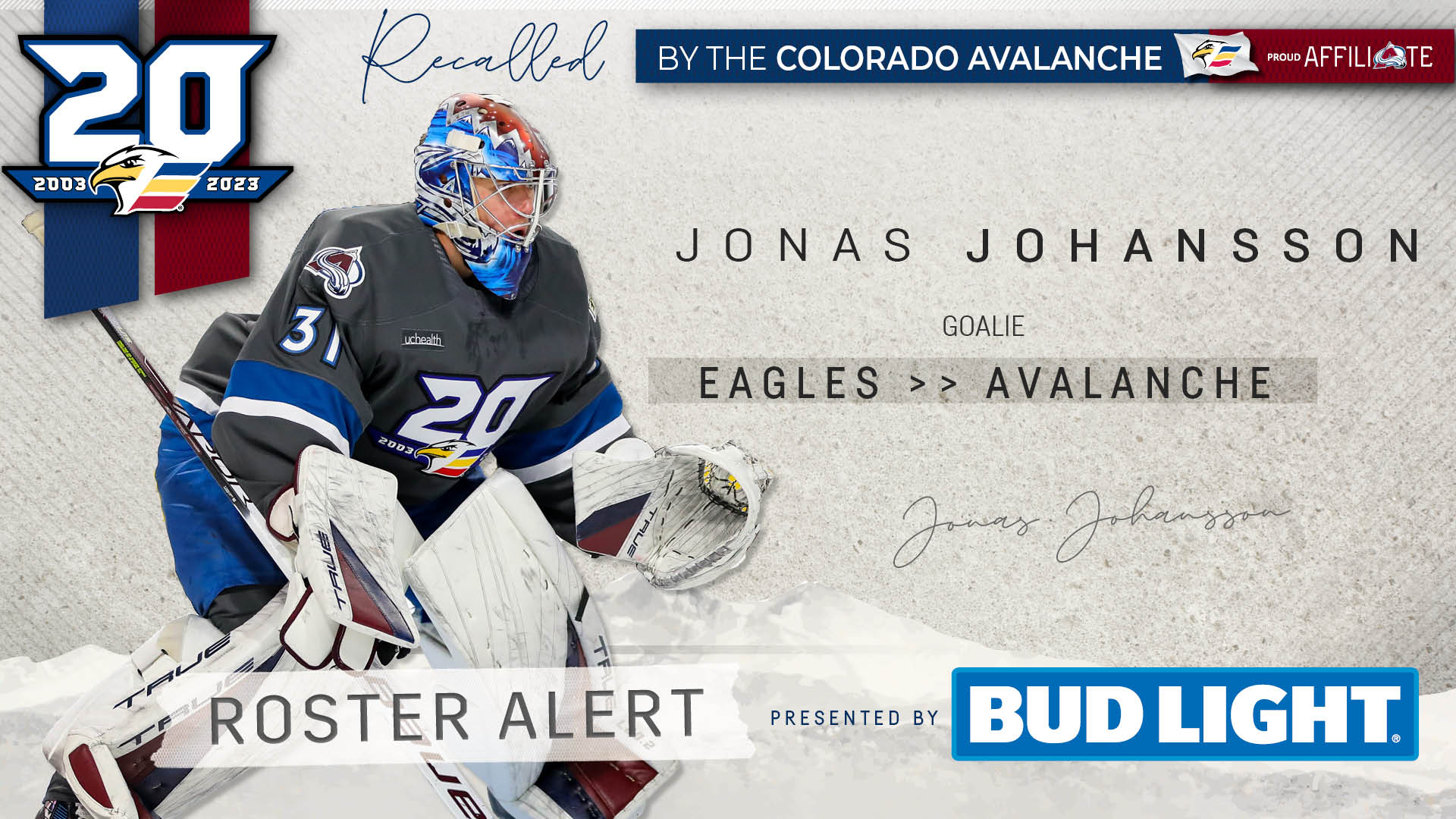 Goaltender Jonas Johansson Recalled by Colorado Avalanche Colorado Eagles