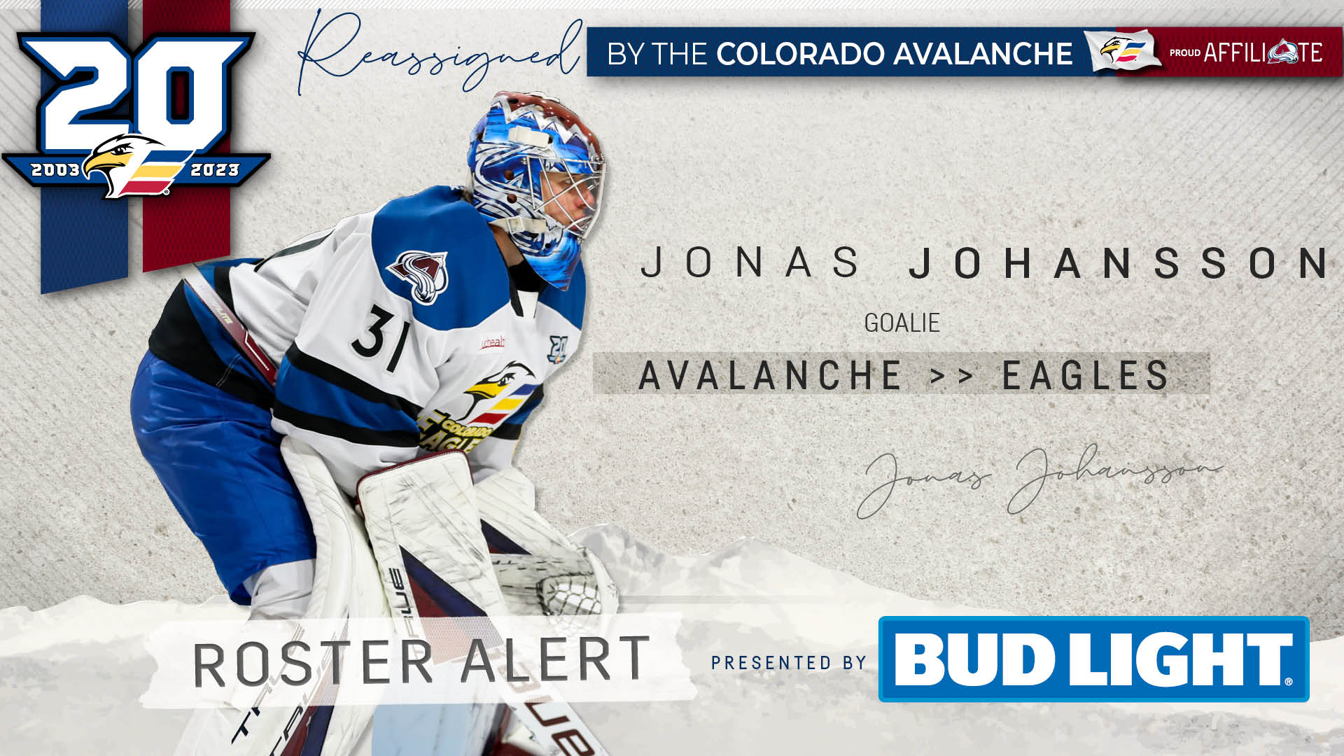 Jonas Johansson Reassigned to Colorado Eagles Colorado Eagles