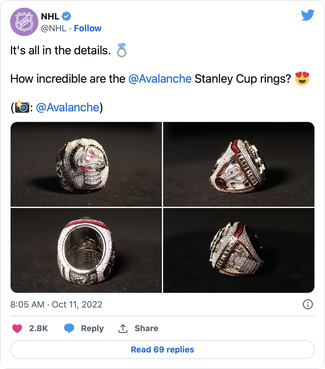 Colorado Avalanche's Stanley Cup rings feature 669 diamonds