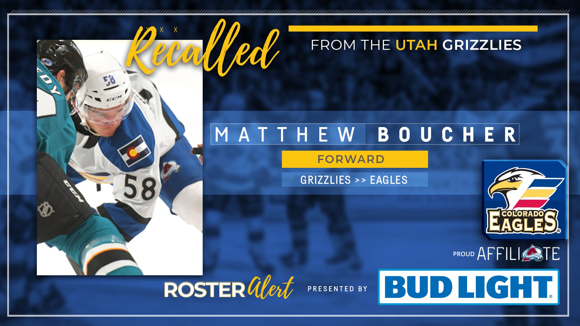 Eagles Recall Three from ECHL’s Utah Grizzlies Colorado Eagles